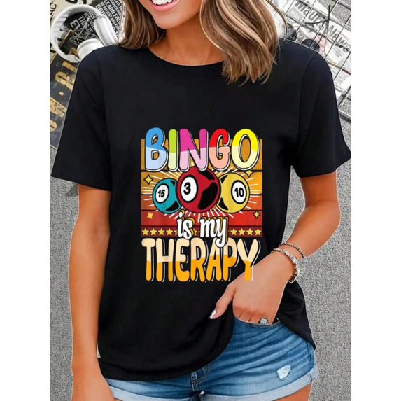 Women's "Bingo Is My Therapy" Colorful Game Ball Graphic Comfortable T-Shirt Cotton Short Sleeve Round Neck Top Black S-5XL