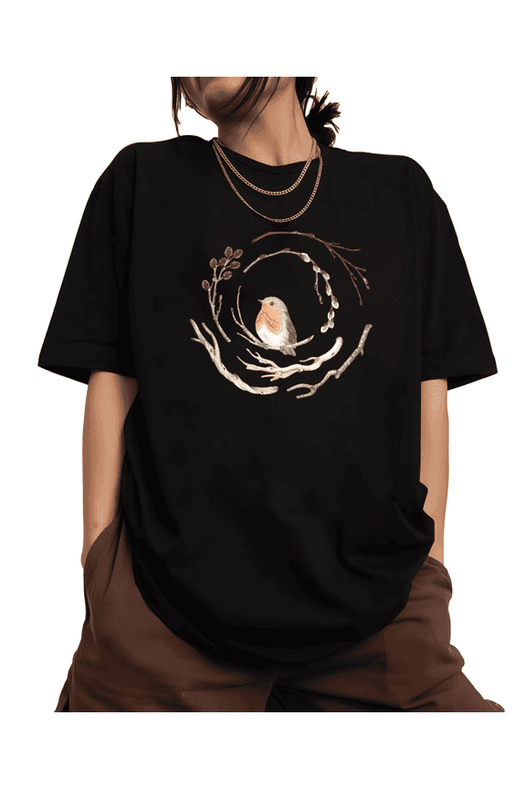 Women's Bird & Branch Comfortable Tee Casual Top Nature Graphic Short Sleeve Round Neck Black S-5XL
