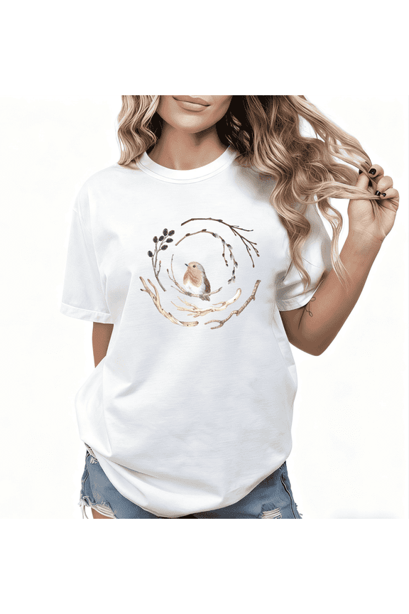 Women's Bird & Branch Comfortable Tee Casual Top Nature Graphic Short Sleeve Round Neck White S-5XL