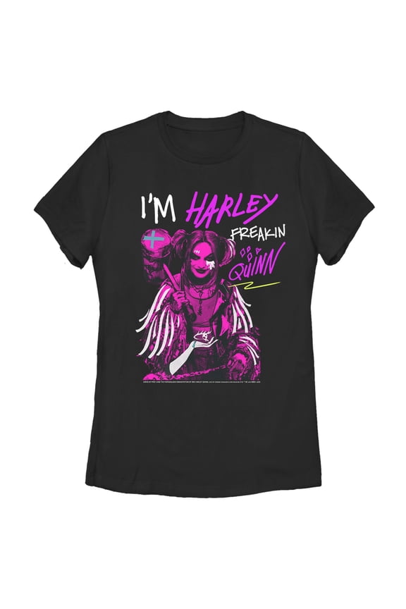 Women's Birds of Prey Harley Freakin' Quinn Cartoon  Graphic Tee Black X Large