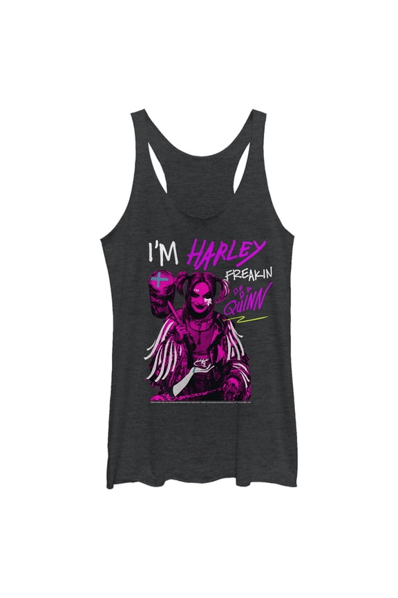 Women's Birds of Prey Harley Freakin' Quinn Cartoon  Racerback Tank Top Black Heather Large
