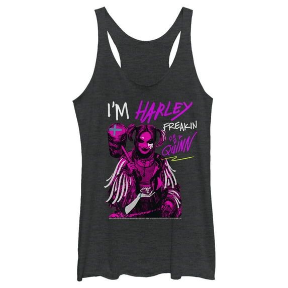 Women's Birds of Prey Harley Freakin' Quinn Cartoon Racerback Tank Top Black Heather Large