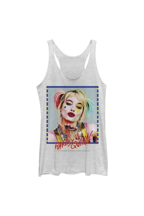 Women's Birds of Prey Harley Quinn Blowing Kiss  Racerback Tank Top White Heather Small