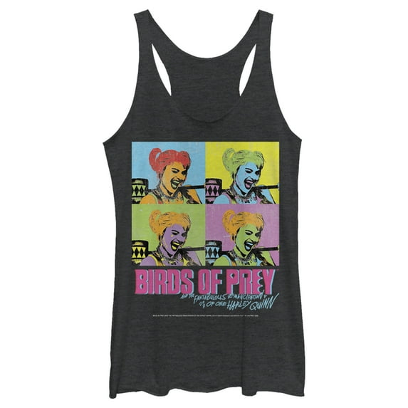 Women's Birds of Prey Harley Quinn Pop Art Racerback Tank Top Black Heather X Large
