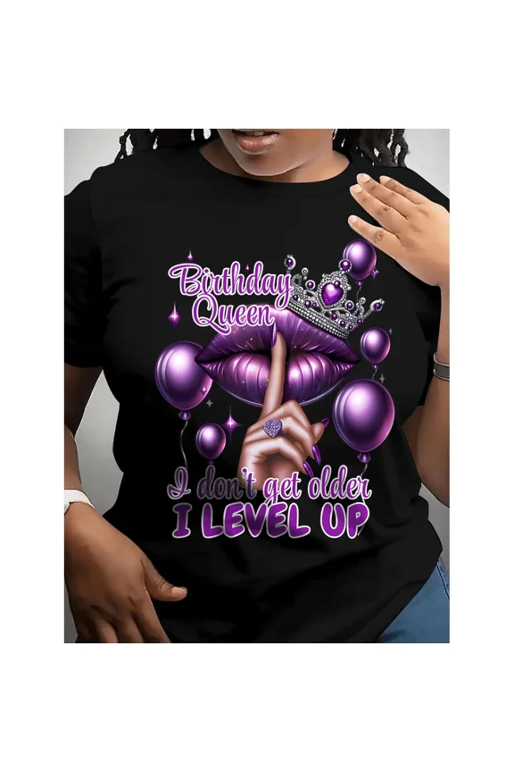 Women’s Birthday Queen Crewneck T-Shirt, Lips & Crown Graphic Summer Casual Short Sleeve Party Top