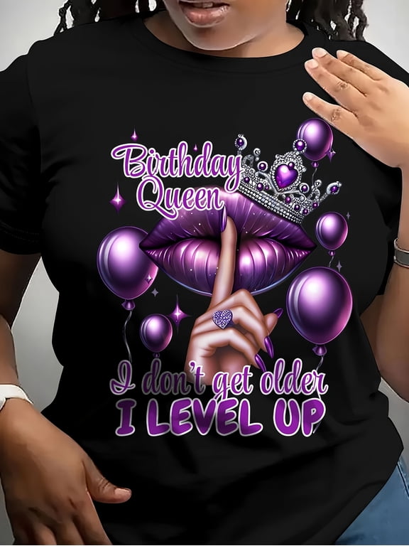 Women’s “Birthday Queen” Letter Print Semi-Sheer Short Sleeve Round Neck T-Shirt, Breathable Casual Blouse for Parties Summer