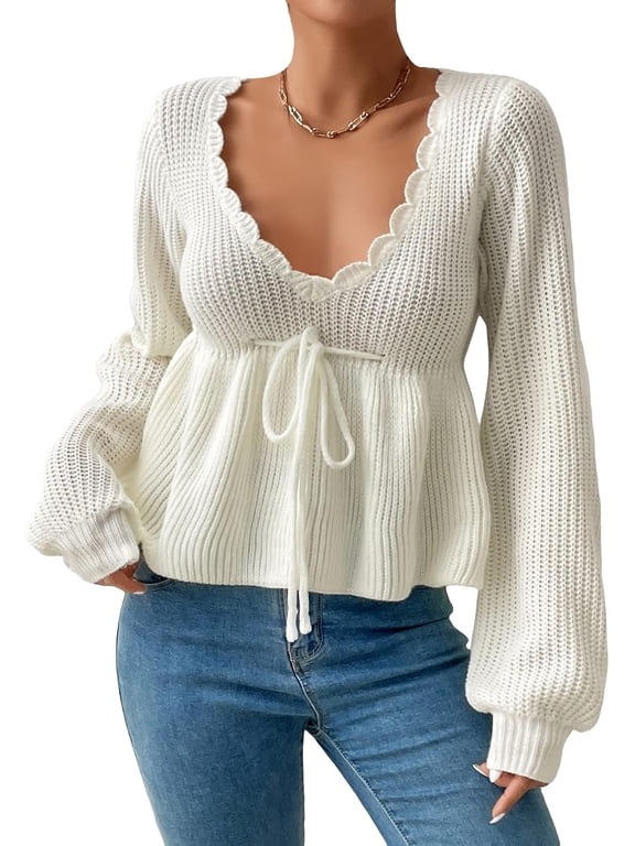 Women's Bishop Long Sleeve Deep V Neck Tie Front Knit Sweater Peplum Top
