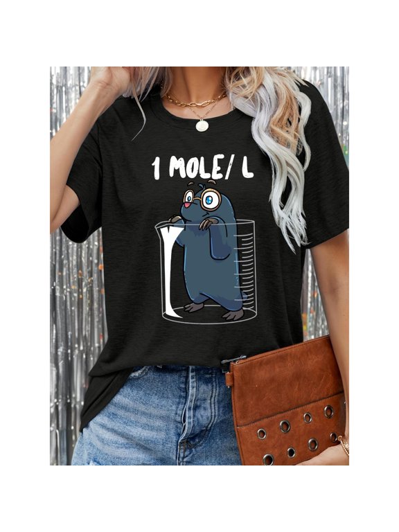 Women's Black "1 Mole/L" Science Graphic Tee Plus Size S-5XL, Funny Printed T-Shirt, Casual Oversized Top for Science & Humor Enthusiasts