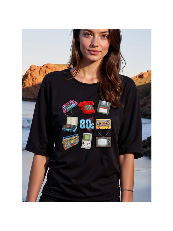 Women's Black 80s Retro Graphic Tee Plus Size S-5XL, Vintage Tech Printed T-Shirt, Casual Oversized Top for Nostalgia Lovers