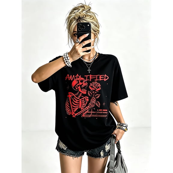 Women's Black "AMPLIFIED" Skull Rose Graphic T-Shirt, Crew Neck Oversized Casual Top