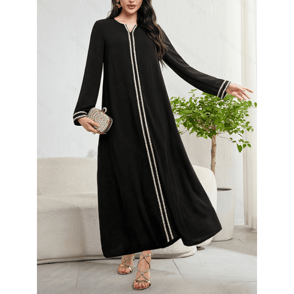 Women's Black Abaya Maxi Dress, Gold & White Braided Embroidery Trim, Modest Islamic Kaftan for Eid