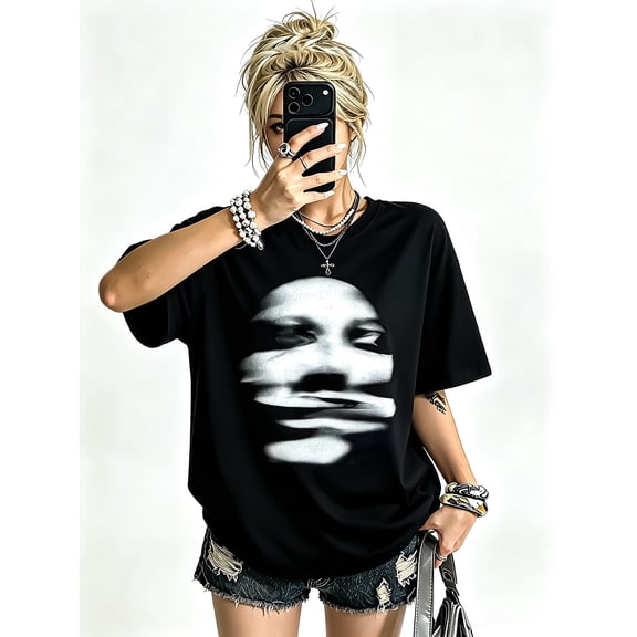 Women's Black Abstract Distorted Face Graphic T-Shirt, Crew Neck Oversized Casual Top