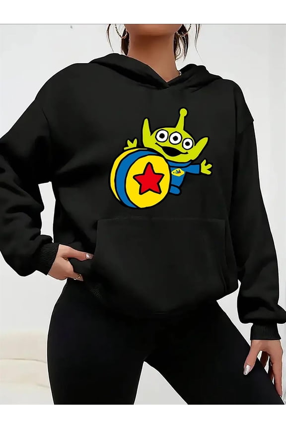 Women's Black Alien Graphic Hooded Sweater - Cozy Pullover Hoodie with Green & Golden Eyes, Cheeks & Antenna, Soft Casual Long Sleeve Sweatshirt for Pop Culture Fans (Machine Washable) - Fun Pop Cult