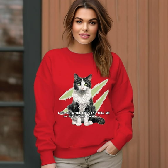 Women's Black And White Cat Pattern Pattern Crew Neck Pullover Cozy Clothes