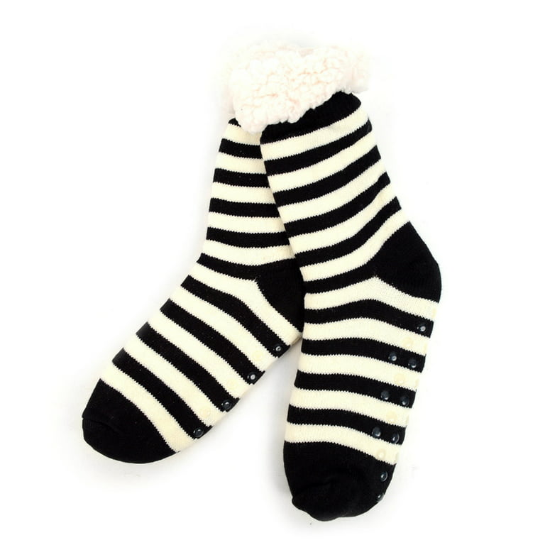 Women's Black And White Striped Plush Sherpa Winter Fleece Lining Slipper  Socks