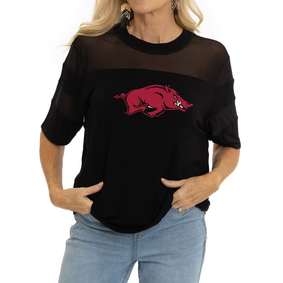 Women's Black Arkansas Razorbacks Relaxed Avery Power Mesh Fashion Jersey