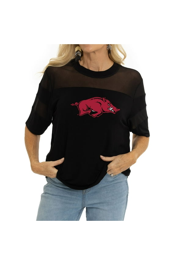 Women's Black Arkansas Razorbacks Relaxed Avery Power Mesh Fashion Jersey