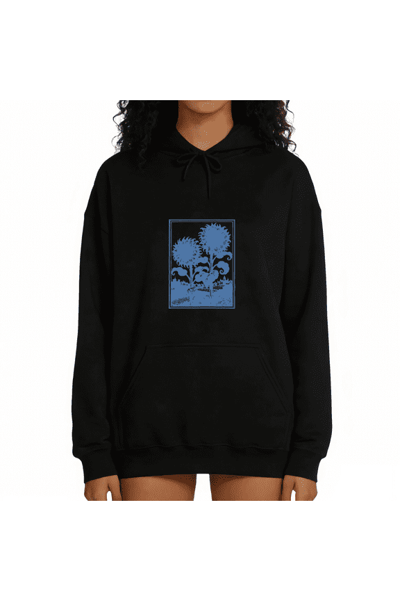 Women's Black Art Nouveau Blue Sunflower Landscape Print Hoodie Graphic Sweatshirt Casual Pullover Hooded Sweatshirt for Vintage Floral Garden Tops S-2XL