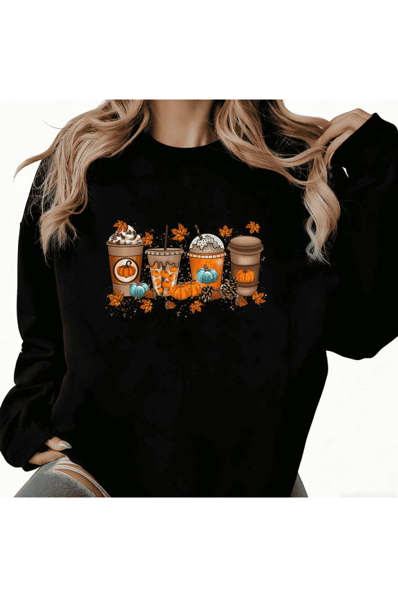 Women's Black Autumn Coffee Drinks Art Pattern Niche Design Trendy Loose Casual Sweatshirt S-3XL