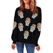 Women's Black Basketball Patched Game Day Crew Neck Graphic Sweatshirt | [ZhiHiMeRi] | US 4-6S