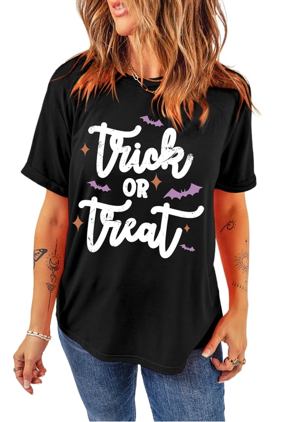 Women's Black Bat Print Crew Neck Halloween T-Shirt | [ZhiHiMeRi] | (US 20-22)2XL