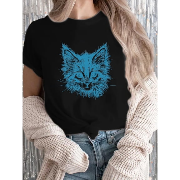 Women's Black Blue Cat Graphic Tee Plus Size S-5XL, Artistic Printed T-Shirt, Casual Oversized Top for Cat & Fashion Lovers