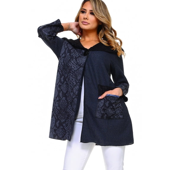 Women's Black/Blue Snake Print One Button Closure Cardigan