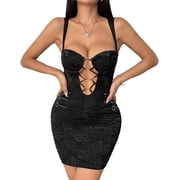 Women's Black Bodycon Dresses for Women Club Wear Valentines Punk Gothic Clothes Floral Lingerie Party Outfits Cut Out Dress