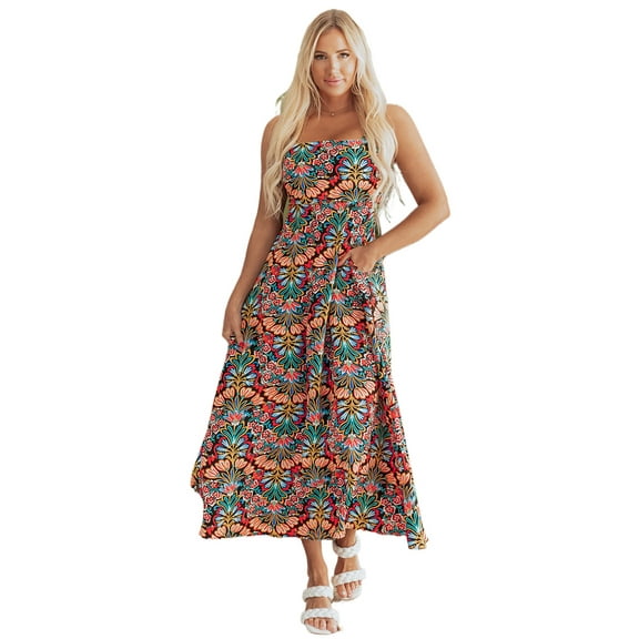 Women's Black Boho Floral Print Sleeveless High Waist Maxi Dress for Summer | [ZhiHiMeRi] | (US 12-14)L