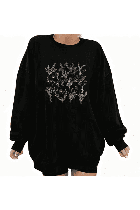 Women's Black Botanical Line Art Pattern Artistic Niche Design Trendy Casual Sweatshirt S-3XL