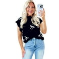 thumbnail image 1 of Women's Black Bow Print Scalloped Hem Short Sleeve Sweater T-Shirt - [ZhiHiMeRi] | (US 12-14)L, 1 of 12