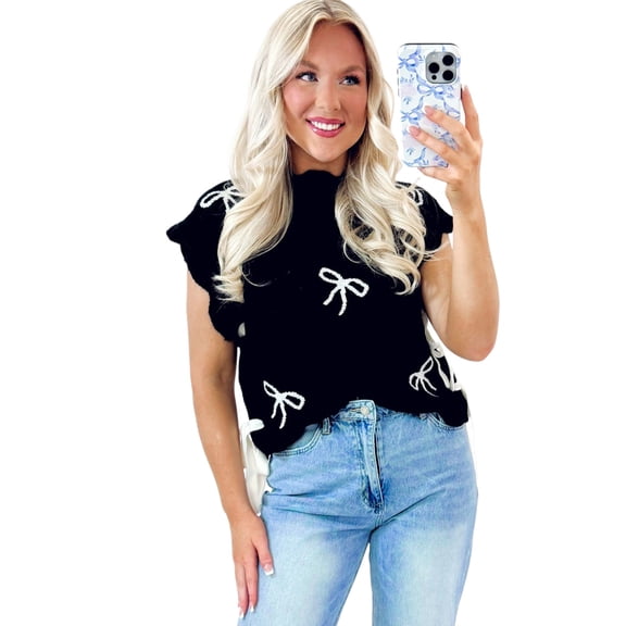 Women's Black Bow Print Scalloped Hem Short Sleeve Sweater T-Shirt - [ZhiHiMeRi] | (US 12-14)L