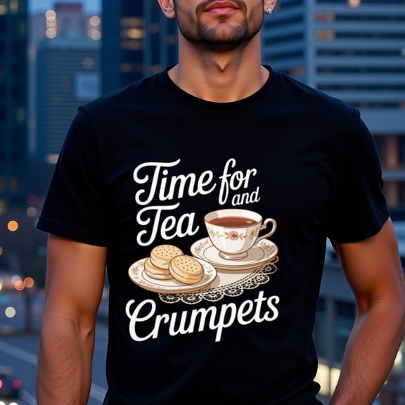 Greenink Women's Black British Tea Party T-Shirt - Time for Tea and Crumpets Graphic Tee, Soft Crew Neck Short Sleeve Shirt for Everyday British Afternoon Tea, Thanksgi