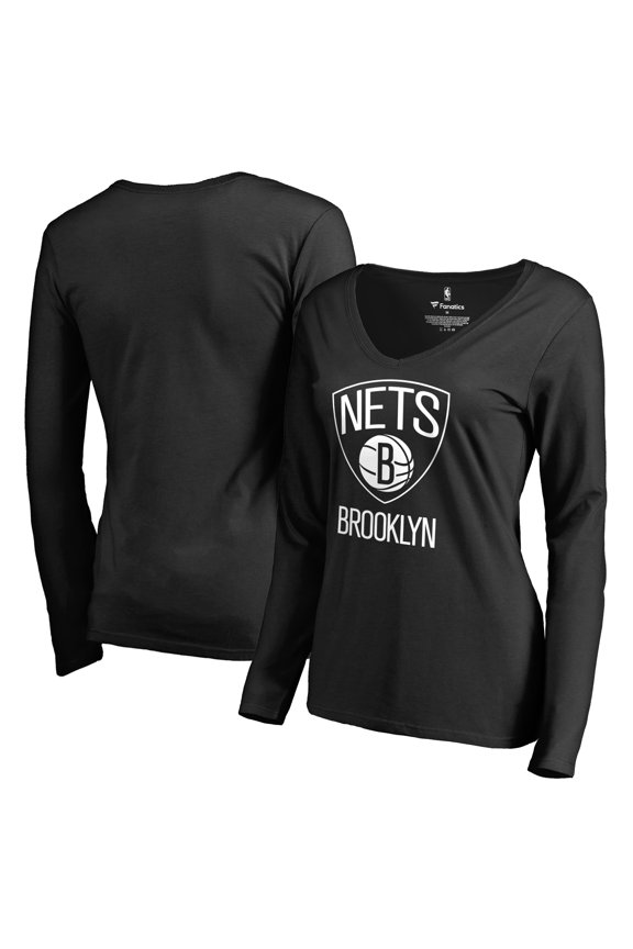 Women's Black Brooklyn Nets Primary Logo V-Neck Long Sleeve T-Shirt