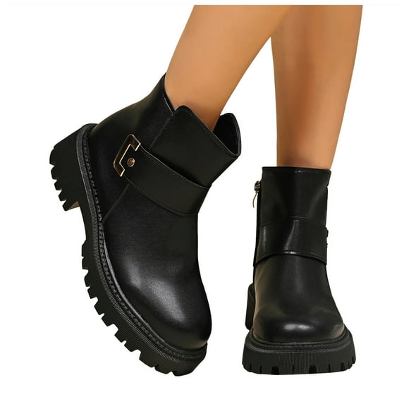 Women's Black Brown Chelsea Ankle Boots Chunky Heel Platform Lug Sole Elastic Slip on Booties Buckle Winter Outdoor Walking Shoes