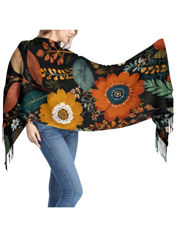 Women's Black, Brown and Blue Graphic Printed Fringed Scarf, 26 x 77 in Long Shawl Wrap for Travel and Everyday Wear