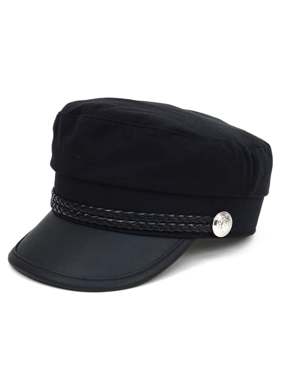 Women's Black Captain Hat with Braided Band and Silver Accent Button, Classic Military Style Newsboy Cap