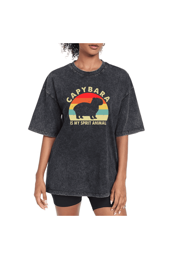 Women's Black "Capybara Is My Spirit Animal" Washed Tshirt Retro Wildlife Graphic Tees Casual Capybara Lover Shirts Stylish Daily Tops S-2XL