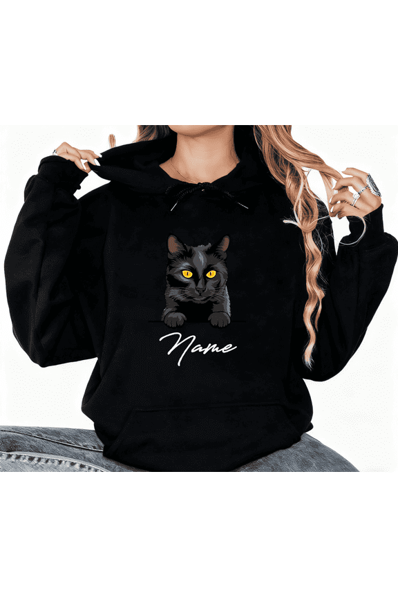 Women's Black Cat Breathable Hoodie Top Personalized Pet Graphic Hooded long-sleeved Black S-2XL