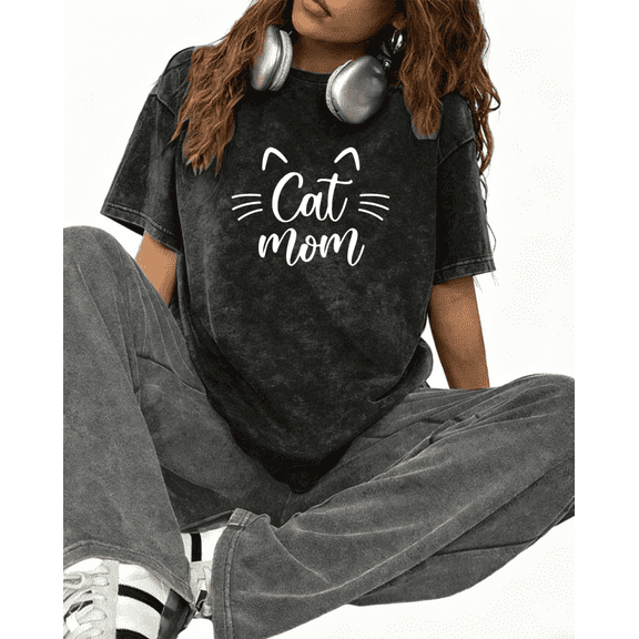 Women's Black "Cat Mom" Print Tshirt Graphic Tees Shirts S-5XL Pet Lover Casual Tops