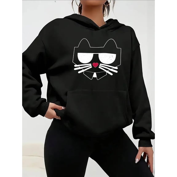 Women's Black Cat Print Hooded Sweatshirt - Cute Smiling Cat & Heart Eyes Design, Lightweight Durable Pullover Hoodie with White Cat Face, Long Sleeve Casual Sweater for Casual Attire, All-Season Com