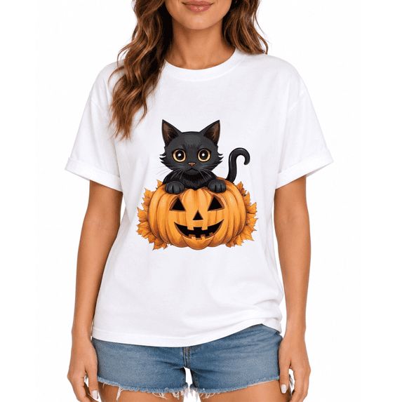Women's Black Cat Pumpkin Graphic T-Shirt, Halloween Fall Casual Short Sleeve Tee