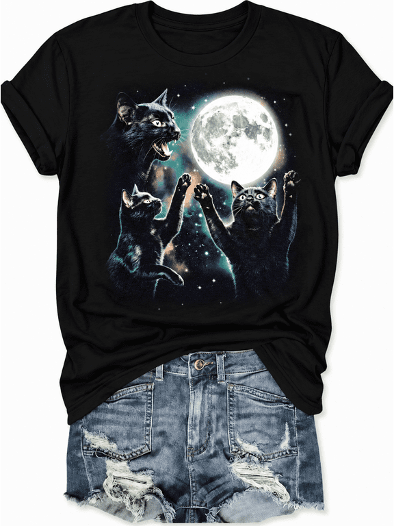 Women’s Black Cats Full Moon Halloween T-Shirt, Funny Cosmic Feline Graphic Tee, Witchy Cat Lover Gift