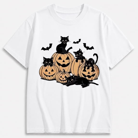 Women's Black Cats and Jack-o-Lanterns Pumpkin Shirt, Halloween Graphic Short Sleeve T-Shirt