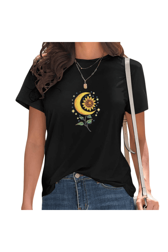 Women's Black Celestial Sunflower & Moon Print T-Shirt Casual Short Sleeve Tees for Mystical Boho Lover Tops S-5XL