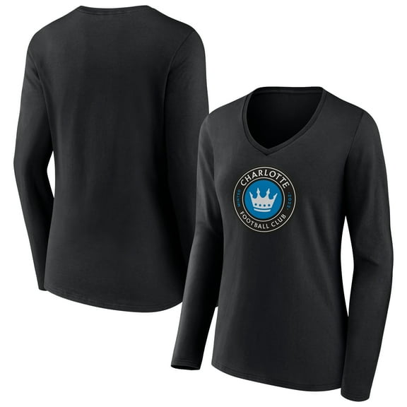Women's Black Charlotte FC Official Team Logo Long Sleeve V-Neck T-Shirt