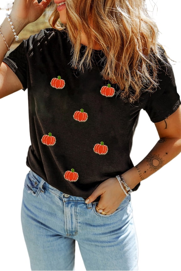 Women's Black Chenille Pumpkin Patched Casual T-Shirt for Fall - [ZhiHiMeRi] | (US 20-22)2XL