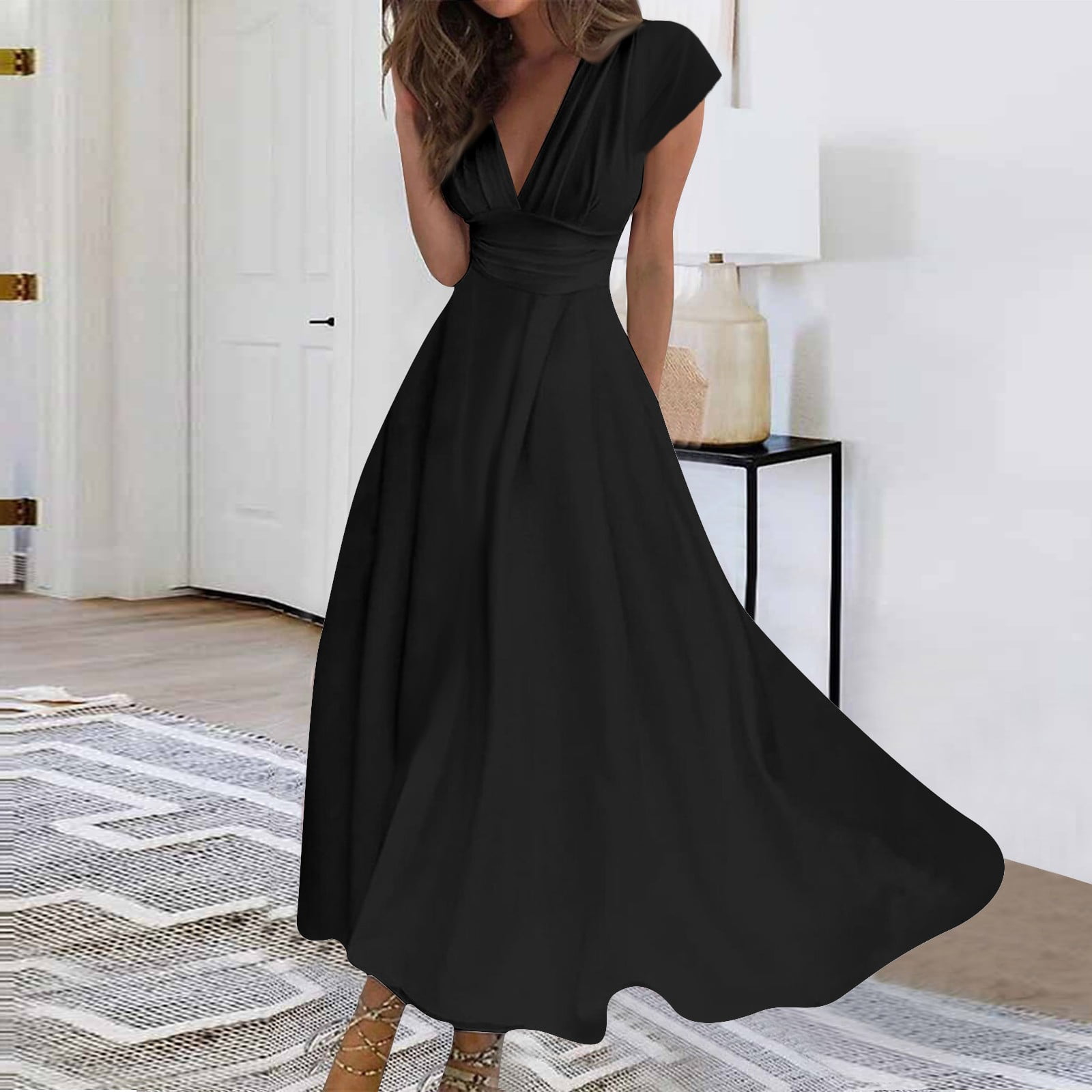 black empire waist formal dress Women's Chiffon Ruffle Short Sleeve Dresses 2026 Summer Fashion Sexy Midi Dresses Color:Multicolor-5 A-Line Chiffon Mother of girls meets dress 90s empire waist prom dress Perfect for evening events