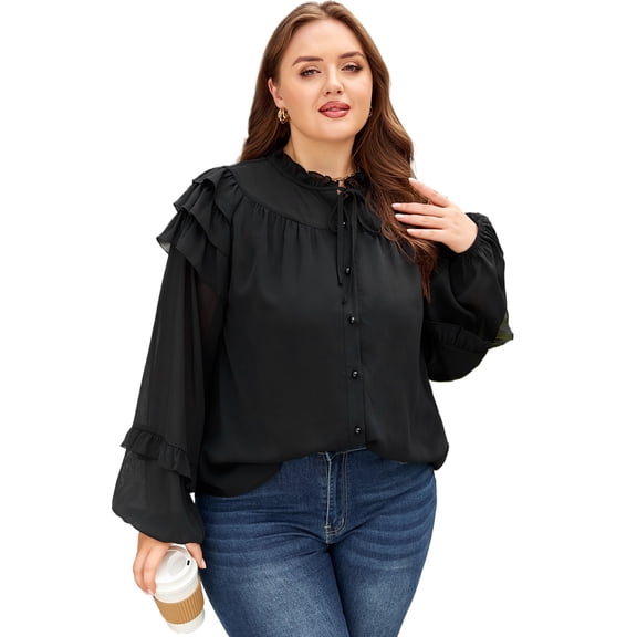Women's Black Chiffon Plus Size Shirt with Ruffle Balloon Sleeves – Elegant Daily Wear [ZhiHiMeRi] | 4X