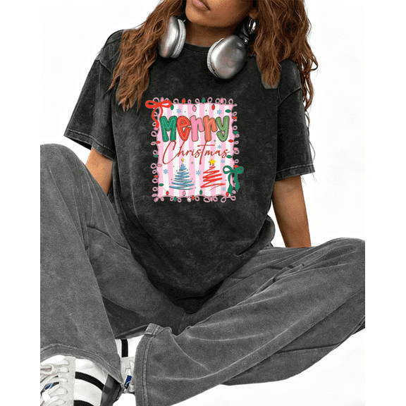 Women's Black Christmas Graphic T Shirt, Merry Tree Holiday Tee S-3XL